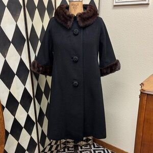 Vintage Wool Glamour Swing Coat with Fur Accents